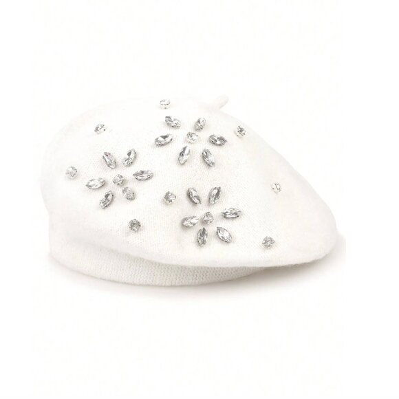 Wool Blend Rhinestone Flower Knitted Beret Cap White - Picture 1 of 3